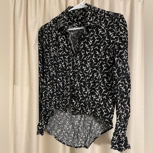 High low black button down with white bird design